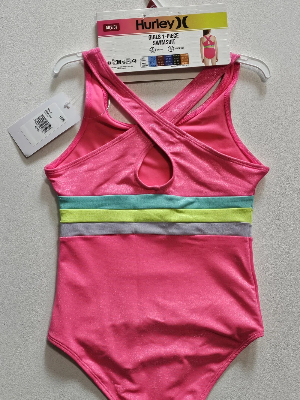 Hurley Hot Pink Girls' One-Piece Swimsuit with Aqua, Lime and Silver Stripes